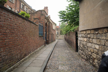 狭窄鹅卵石巷道两侧红砖墙与石墙交错，绿树掩映幽深小径