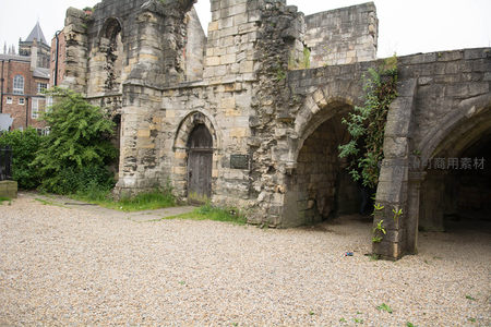 约克圣玛丽修道院残垣拱门与藤蔓共生