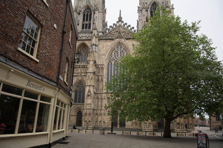 约克大教堂哥特尖塔与街边砖房并置绿树掩映