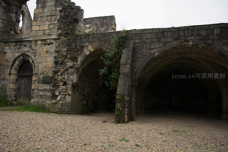 修道院地下通道入口，幽深拱券与野草共生诉说往昔故事