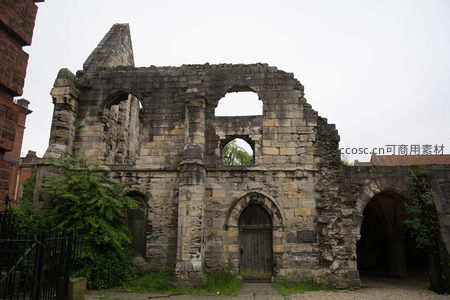 约克圣玛丽修道院遗址石墙残垣，藤蔓攀爬，历史沧桑感十足