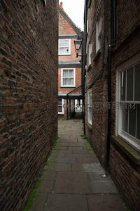 狭窄砖墙小巷，青苔石板路延伸至远处红砖建筑