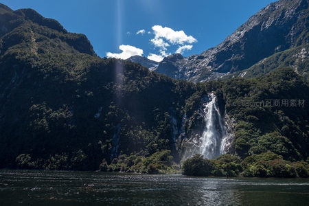 斯特林瀑布飞泻而下，阳光穿林洒落水帘，生机盎然