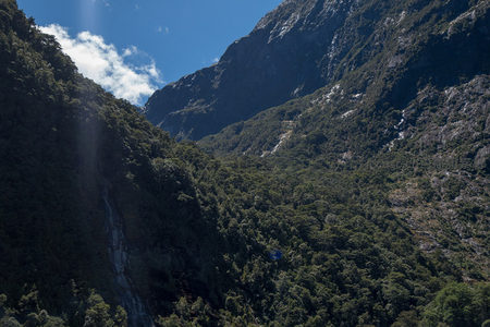 深谷幽林中细瀑垂挂，光影交错映衬巍峨山崖轮廓