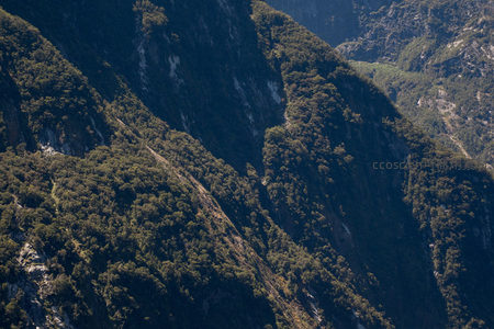 深谷层叠山脊航拍图：光影交错的森林覆被岩壁地貌