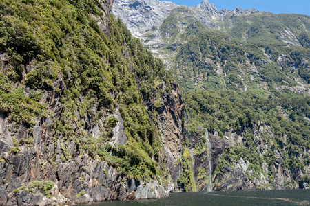 米尔福德峡湾壮丽全景：陡崖覆绿、双瀑垂挂，水面静谧如镜