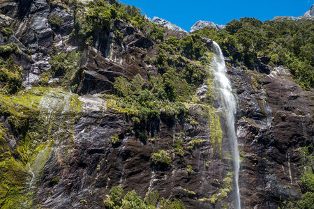 高耸岩壁间银练垂落，苔藓点缀黑岩，生机盎然