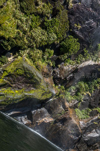俯瞰瀑布入峡湾，岩隙绿意盎然，水线切割山体