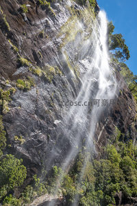 陡峭岩壁上的飞瀑倾泻而下，水雾弥漫，绿植点缀其间，蔚蓝天空映衬壮丽自然景观