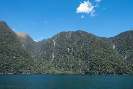 连绵青山覆满植被俯瞰峡湾静水