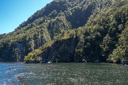 峡湾岩壁与碧波交映，阳光闪烁水面，森林覆崖如翠屏