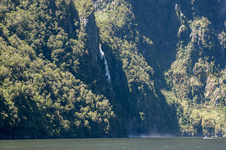 垂直崖壁间飞瀑倾泻，绿意盎然的峡湾生态特写