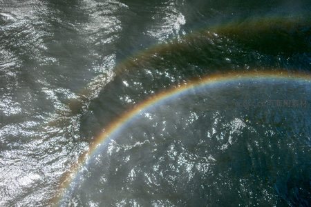 双重彩虹横跨激流之上，水光潋滟映衬七彩光弧，自然奇观震撼人心。