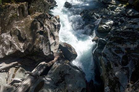 湍急山涧穿岩而过，白浪翻涌映衬青苔覆石