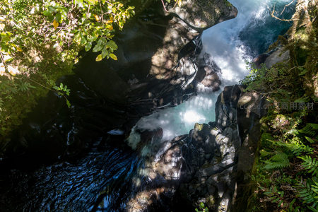 俯瞰深谷激流，岩隙间白浪翻腾，绿植环绕生机盎然
