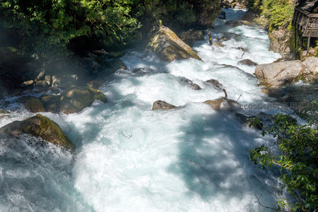 森林环绕的碧蓝急流穿石而过，栈道隐现林间