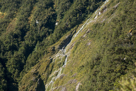 山涧溪流自崖顶奔涌而下，穿行翠绿林海，形成多级小瀑布