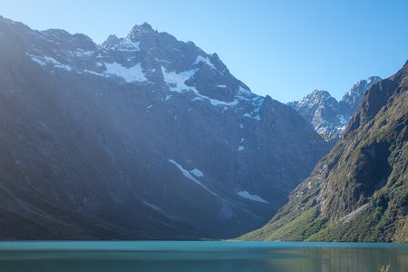 晴空万里下雪峰连绵，湖光山色交相辉映，壮美高原风光