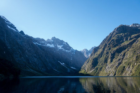 雪山环抱静谧湖面，倒影如镜映蓝天，高山湖泊经典景观