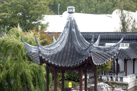 飞檐翘角的六角亭掩映于垂柳与山石之间