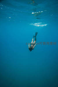 水下自由潜水者仰望波光粼粼海面
