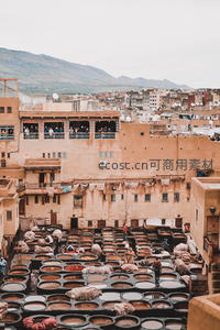 摩洛哥菲斯老城染坊全景：赭色建筑群中圆形染缸密布如棋盘