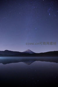 富士山静立星夜之下，湖面如镜倒映雪山与璀璨银河