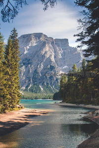 森林掩映下的雪山湖畔：静谧溪流入镜，峰影倒映如画