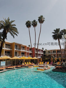 棕榈树环绕的彩色酒店泳池度假场景