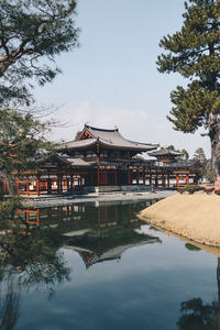 古寺红柱黑瓦倒映静池，松柏掩映禅意悠然