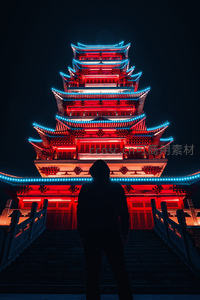 霓虹光影中的中式宝塔夜景，红蓝LED勾勒飞檐斗拱，剪影人物仰望神圣