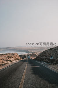 荒漠海岸公路延伸至远方，白色货车行驶在空旷沥青路上