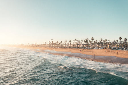 棕榈林畔金色沙滩，海浪轻拍游人漫步岸线