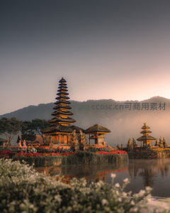 巴厘岛水神庙晨曦：层叠宝塔倒映静湖花海