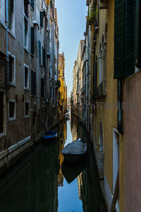 威尼斯窄巷水道静谧如镜，老建筑斑驳墙面倒映小船