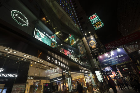 太子珠宝钟表街夜景：奢侈品牌林立与霓虹招牌照耀的黄金商圈