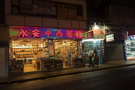 永安中西药庄霓虹招牌照亮街角：老香港药房的夜间日常