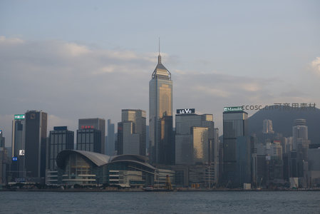 香港维港日落时分高楼林立城市天际线航拍