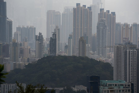 雾中青山环抱香港核心城区摩天楼群全景