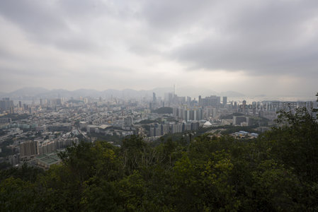 从太平山顶俯瞰雾锁香江的全景城市画卷