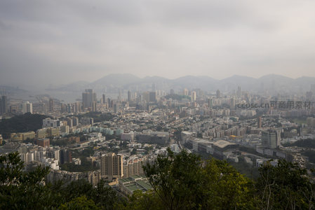 香港岛北部鸟瞰图，密集社区与山体交织的都市生态景观