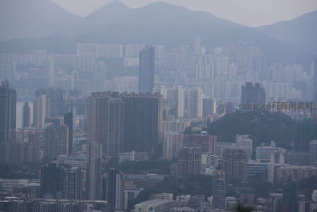 山环水抱的香港都市剖面，雾中楼宇如积木般堆叠出垂直森林意象