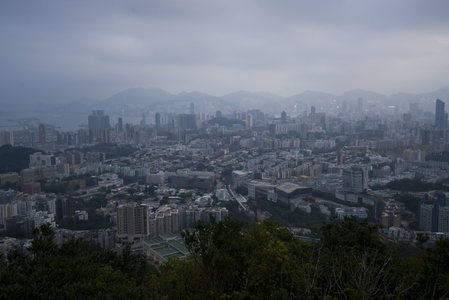 灰调晨雾中的香港都市全景，山海城三位一体