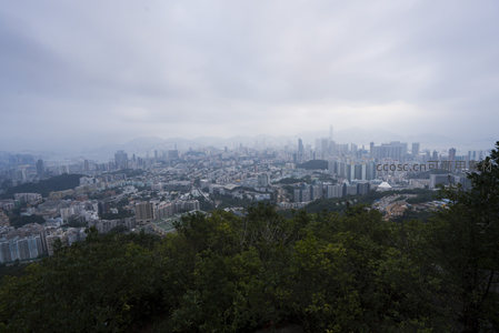 雾霭中的香港城市全景，高楼林立与远山相映成趣