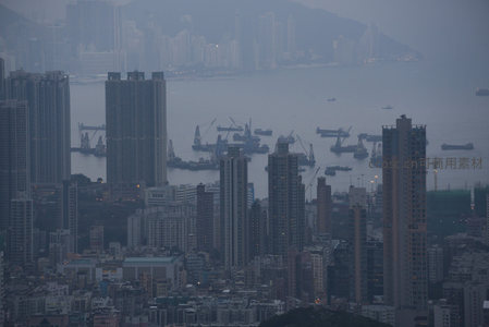 维港作业区航拍图：货轮、起重机与密集楼宇共构工业都市景观