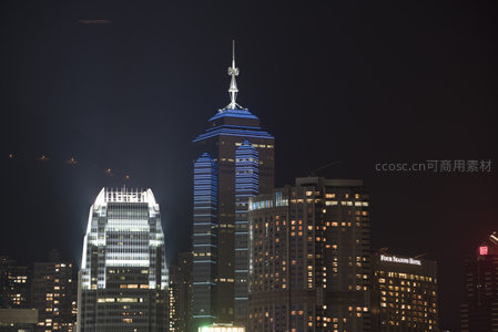中环夜色尖沙咀方向高楼林立蓝光装饰熠熠生辉