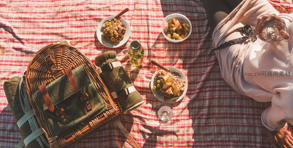 红格野餐垫上的悠闲午后：藤编篮与水果燕麦碗的惬意时光