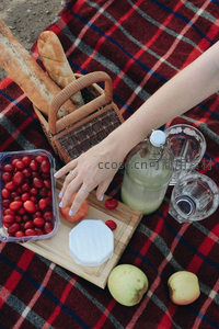 格纹毯上的法式野餐：手取小番茄，面包奶酪与青苹果静物