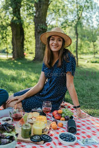蓝波点裙女子公园野餐微笑望镜，红格毯上水果酒水丰盛琳琅
