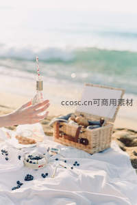 海边手持玻璃瓶野餐，蓝莓面包与藤篮映衬海浪